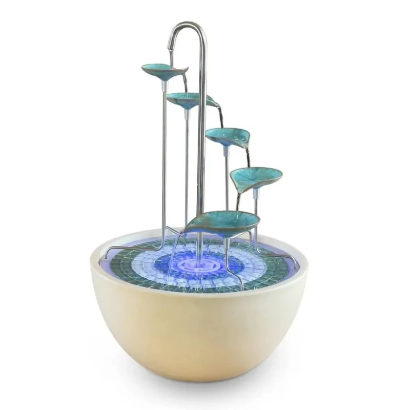 Water Feature Fountain Verdigris Leaf Cascade, Verdigris Mosaic, Porcelain Bowl Included, Up to 100 Hours per Charge,