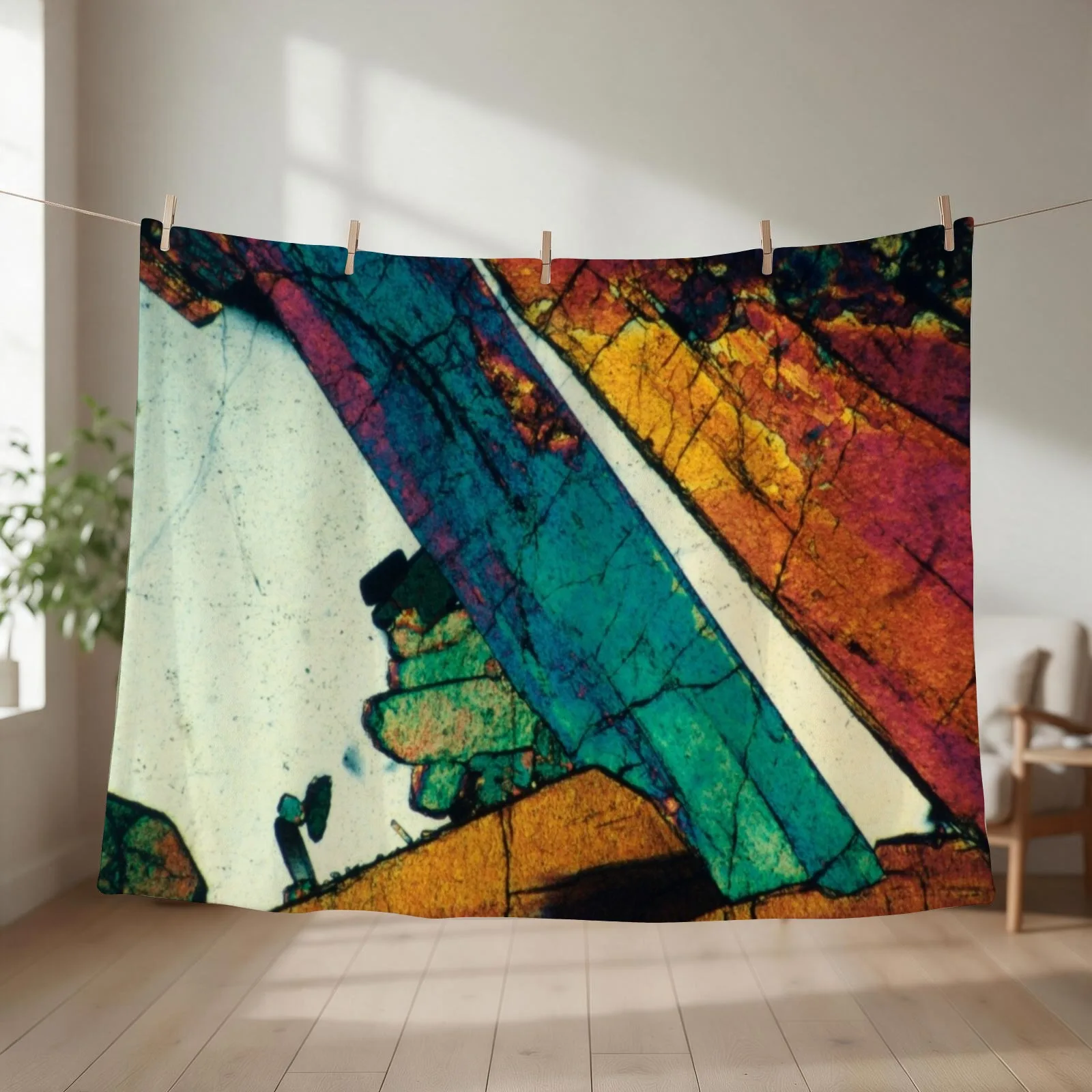 Geological thin section photograph of Epidote Blades in Quartz Throw Blanket Quilt for winter Blankets