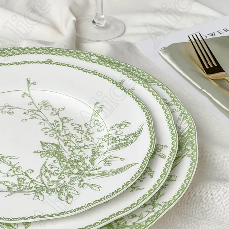 Ceramic Plate Nordic Retro Green Lily of The Valley Dinner Plates European Style Dessert Cake Dishes Rice Bowl Home Tableware