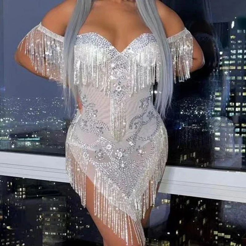 Robe de Soirée Kly Blanche à Franges en Clip pour Femme Tenue d'Anniversaire, Vêtement de Scène Sexy