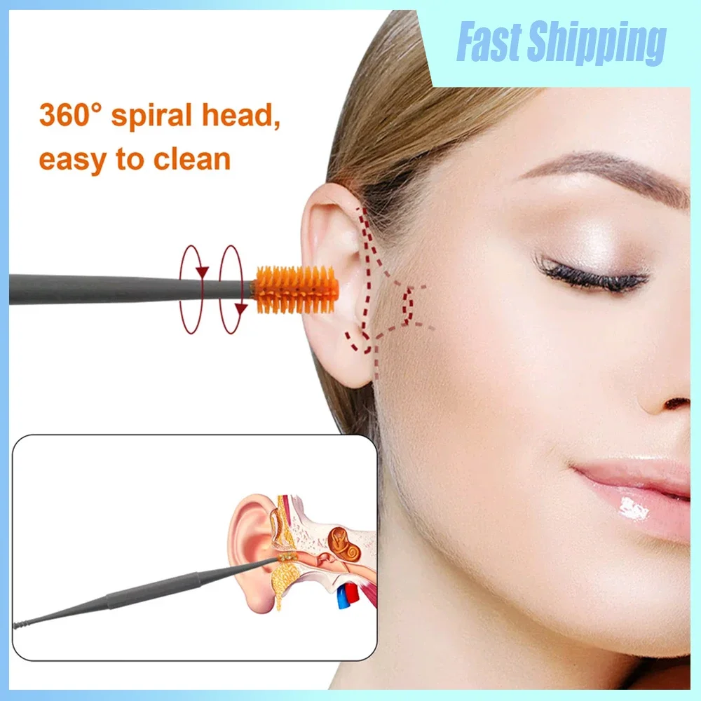 2pcs Silicone Double Head Ear 360° Rotatable Clean Swab Ear Painless Cleaning Brush Tool Ear Wax Removal Deep Cleaning Stick