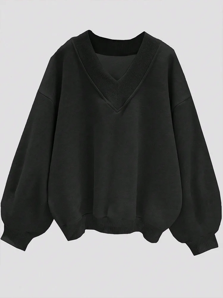 Women Fall V Neck Sweatshirt Loose Fit Long Sleeve Pullover Top Casual Solid Color Oversized Streetwear for Autumn Daily Wear