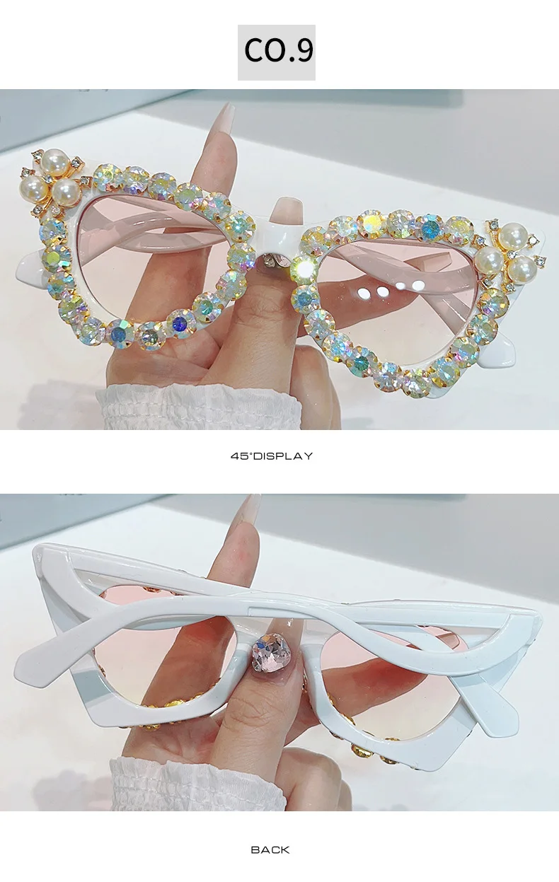 Glänzende Diamanten Cat Eye Sonnenbrille Frauen Luxus Perle Trends Punk Sonnenbrille weibliche Schatten UV400 Gradient Strass Brille – Detail 14