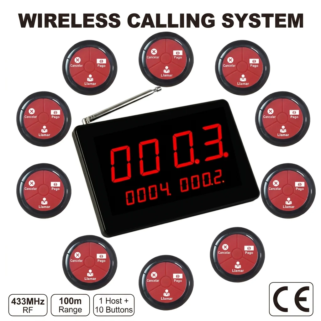 Long Range Restautant Pager Wireless Waiter Calling System 1 Display Panel 10 Buttons Vibration Bell for Bar Cafe Food Truck