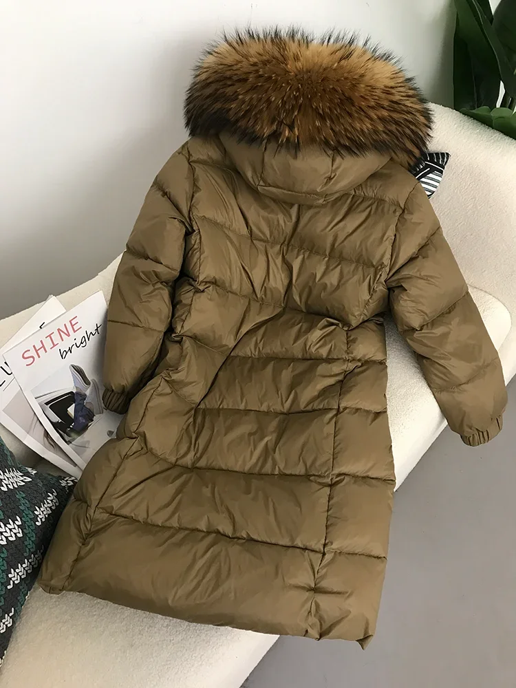 2025 المرأة الأبيض بطة أسفل الإناث معطف دافئ سميك ريال الراكون الثعلب الفراء طوق مقنعين سترة طويلة Winte ملابس خارجية فاخرة