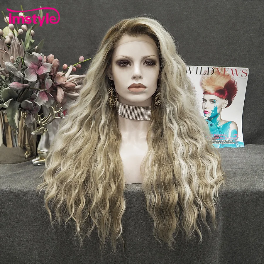

Imstyle Synthetic Lace Front Wig Curly Long Lace Wig Brown Blonde Highlight Heat Resistant Fiber Daily Wig for Women