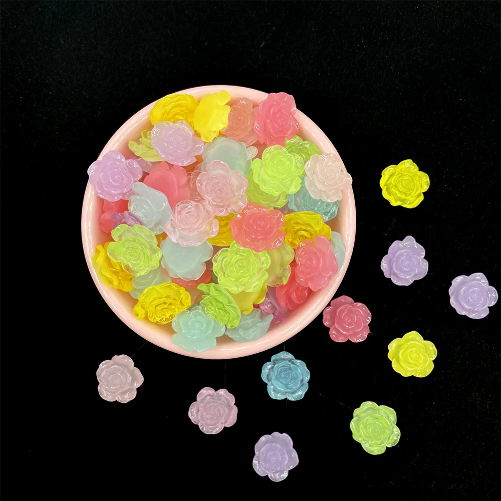 30Pcs/lot Luminous Rose Flowers Flatback Resin Cabochons Fit Phone Case Decoration DIY Scrapbooking Hair Bows Accessories 16mm