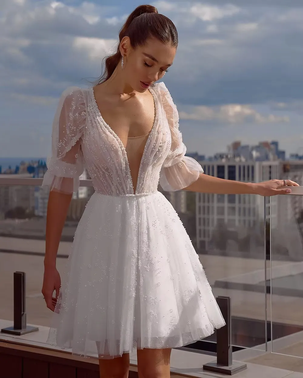 Elegant Short Wedding Dresses 2027 V Beaded Lace Tulle Puff Sleeve A-Line Mini Bridal Party Dress Customized Vestido De Novia