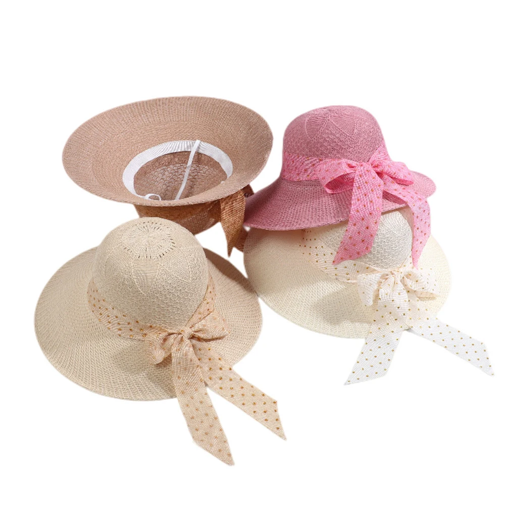 Fashion Foldable Wide Brim Sun Hat Girls Braided Straw Caps Ribbon Bowknot Beach Hat Sun Protection Ladies Travel Summer Caps