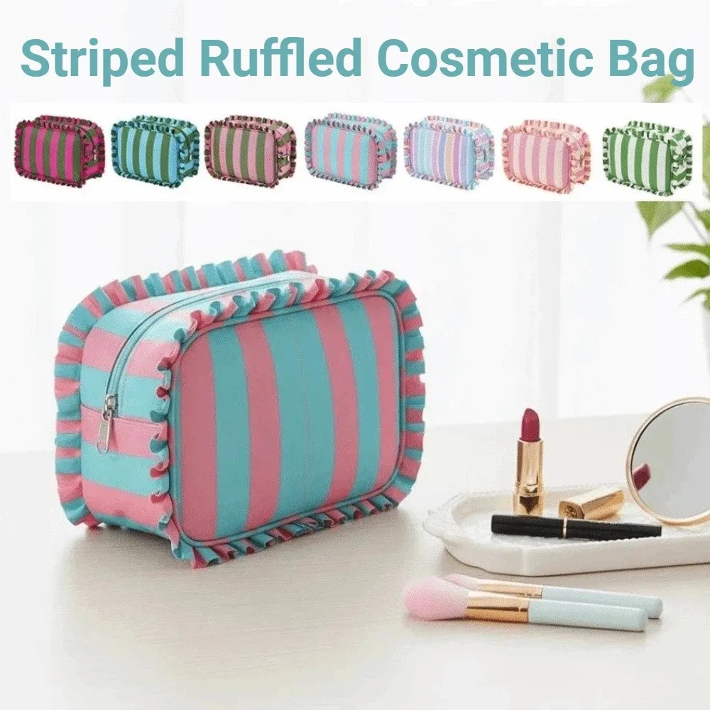 Ruffle Decoration Striped Cosmetic Bag Oxford Zip Top Striped Makeup Organizer Colorful Large Capacity Women's Makeup Case