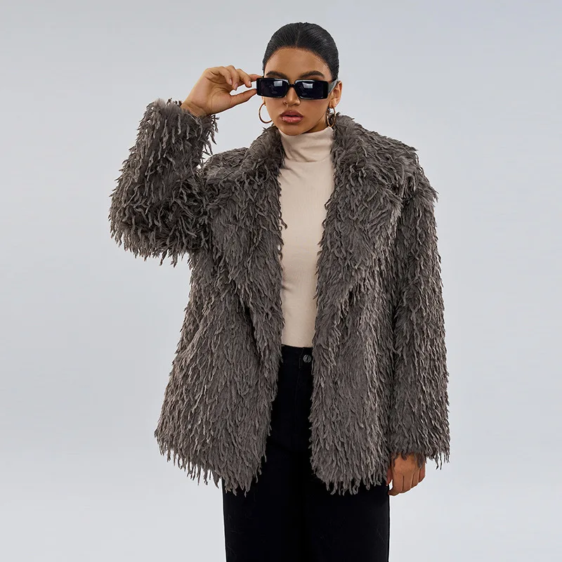 Otoño Invierno piel esponjosa manga larga chaqueta de Color sólido prendas de vestir exteriores 2025 Retro piel sintética Tops espesar chaquetas largas cálidas abrigos