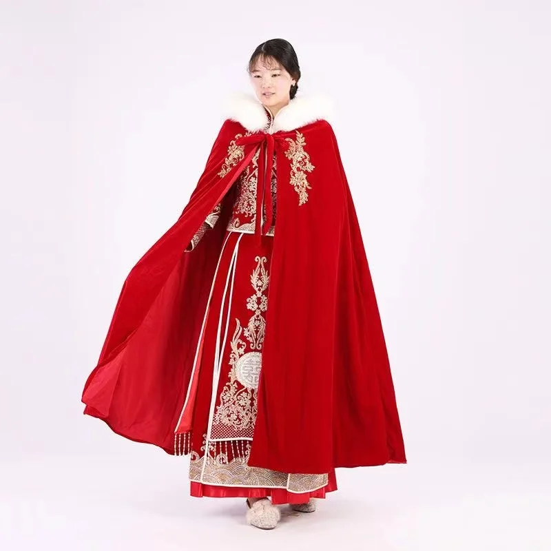 Cape de mariage en velours de style chinois classique, longue, chaude, épaisse, rouge, hiver, cape vintage, costume de patients festifs, accessoires Hanfu