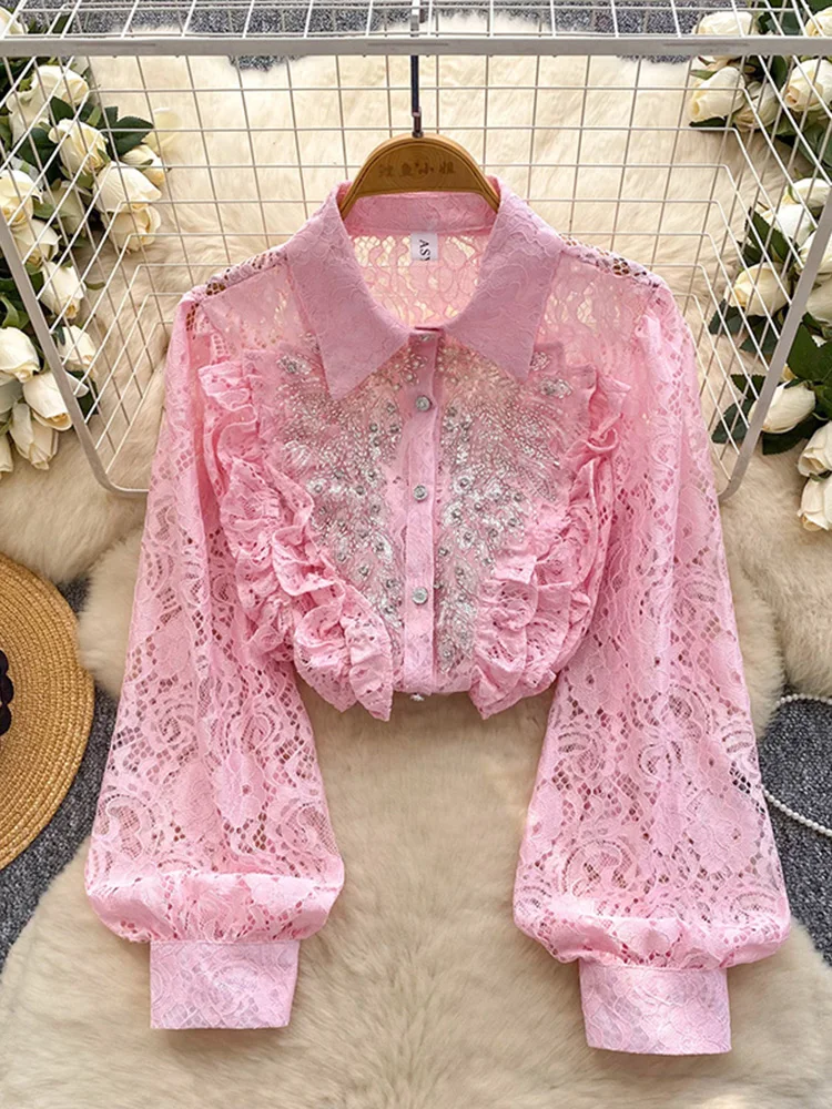 

Весенне-осенняя французская рубашка с длинными рукавами и блестками, женская модная универсальная ажурная кружевная однобортная блузка, топ C368