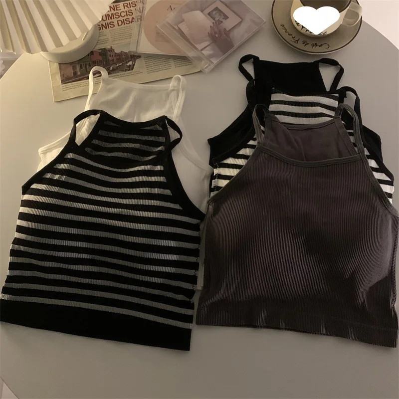 Korean Version Women Tank Tops Thread Solid Casual Fashion Crop Top with Chest Pad Stripe Sleeveless Outer Wear Basic Camisole
