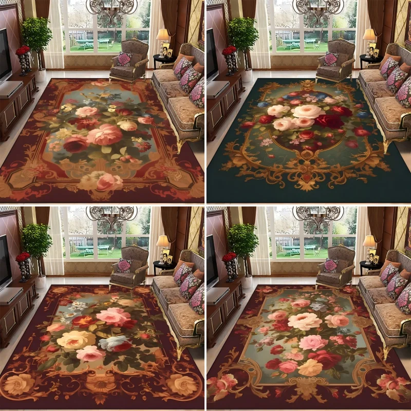 Retro Flower Print Carpet Large Living Room High Quality Rug Bedroom Home Studio Decor Mat Lounge Washable Non-slip Felt Doormat