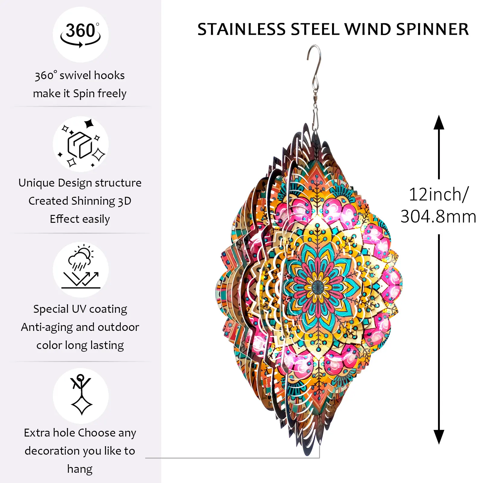 THEYUFA Wind Spinner Outdoor Mandala Lucky Star laser-cut Art Christmas Gifts 30.48cm 3D Stainless Steel  Yard and Garden Decor