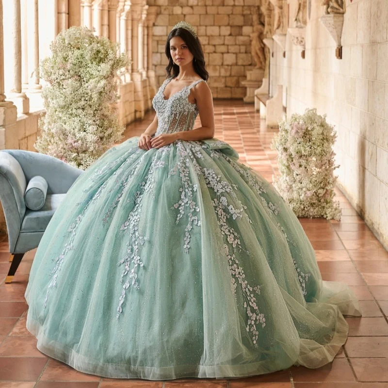 

Customized Shiny Mint Green Quinceanera Dresses Off the Shoulder sequin applique Lace Bow Vestido 15 Quinceanera