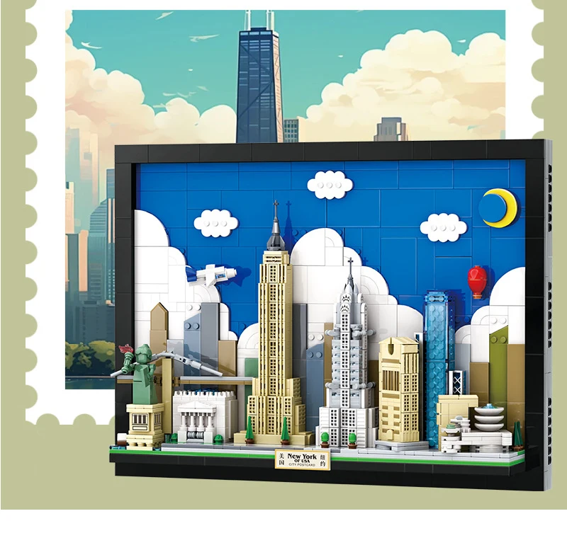 Famous Architecture Blocks City New York Postcard Wall Painting Building Blocks Home Decoration Art Painting Bricks Toys Adult