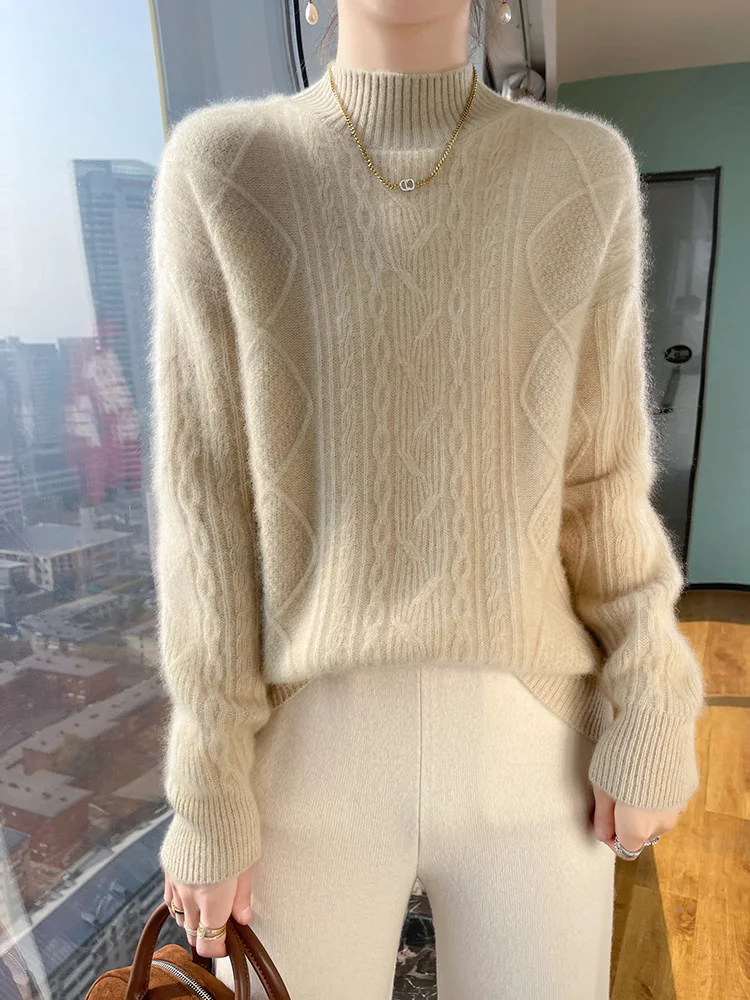 

Aliselect Women Sweater Winter Spring 100% Merino Wool Mock Neck Thick Warm Pullover Twist Flower Long Sleeve Cashmere Knitwear