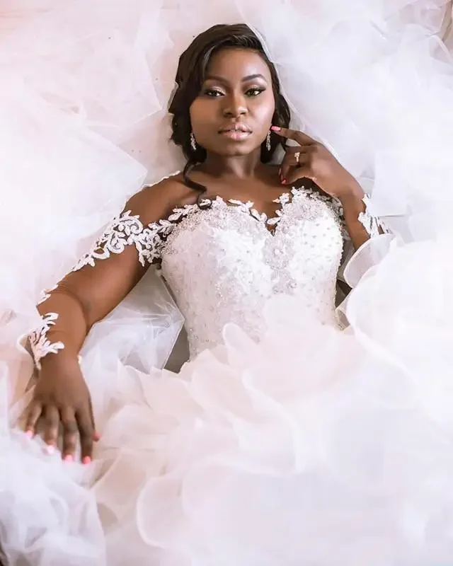 Customized Cascading Ruffles Cathedral Train Mermaid Wedding Dresses With Long Sleeve Lace Beaded Plus Size African Gown