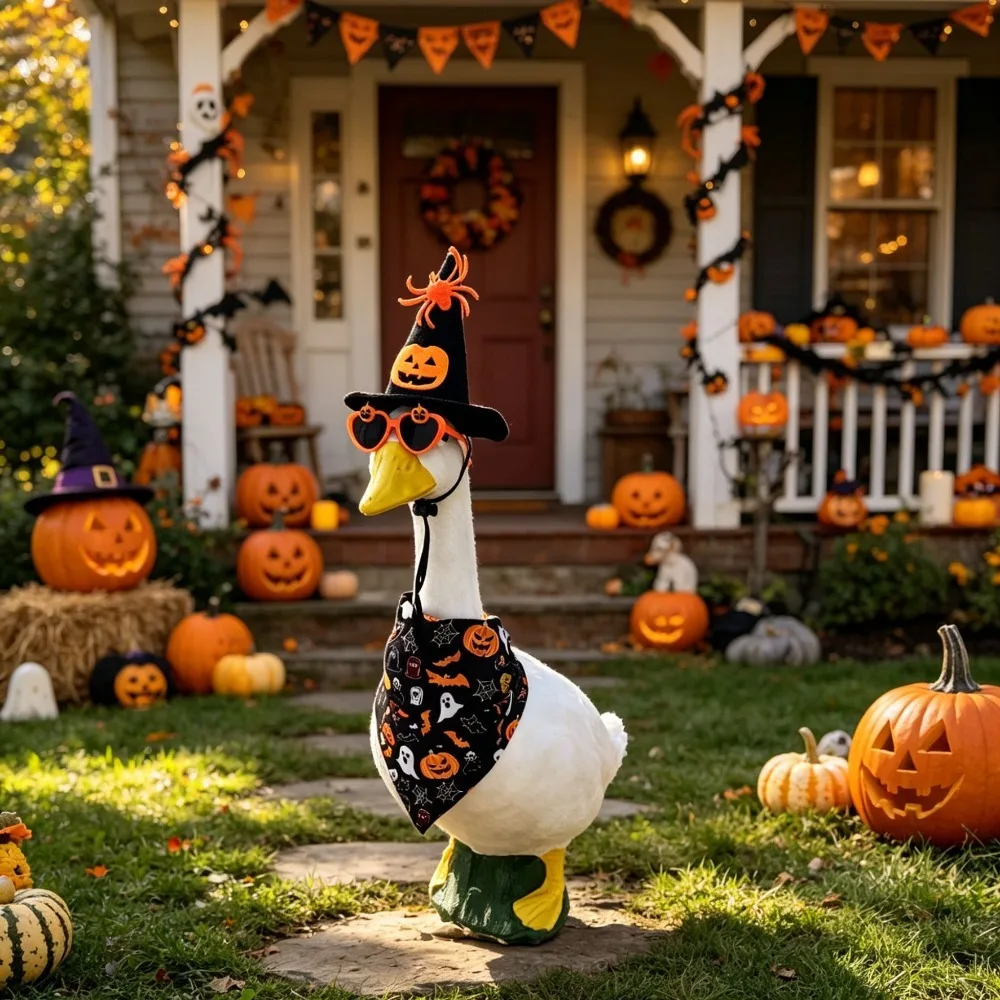 Halloween Garden Goose Costume Porch Goose Outfit for Yard Decor, Pumpkin Themed Statue Attire Goose Not Included