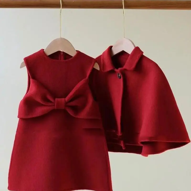 Kawaii معطف غير رسمي مجموعة عصرية ونمط غربي عيد ميلاد السنة الجديدة فستان الفتاة عباءة حمراء سترة قطعتين ملابس الشتاء #3