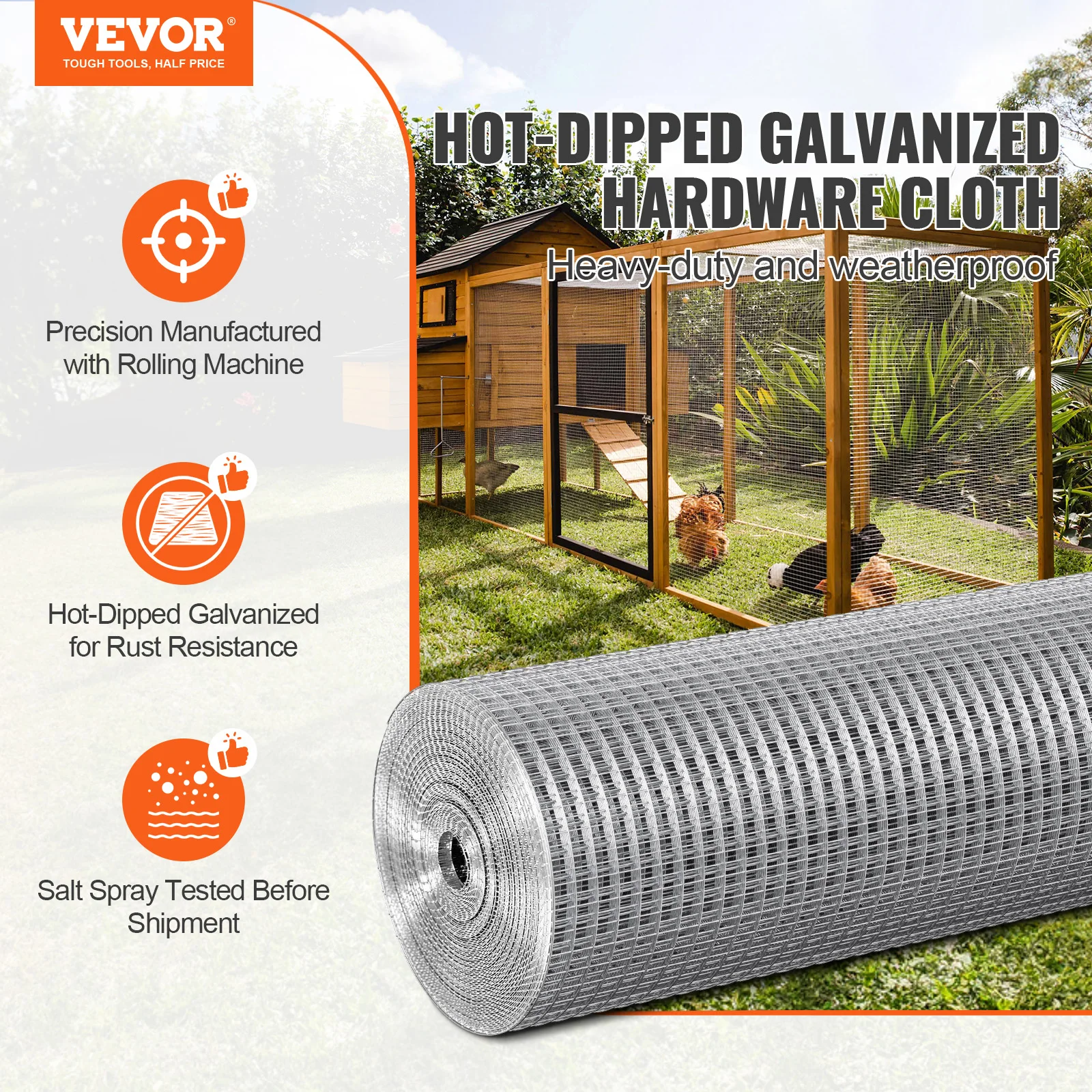 VEVOR Hardware Cloth 1/2 in 24in x 50 ft 19 Gauge Hot Dipped Galvanized Wire Mesh Roll Chicken Wire Fencing Wire Mesh for Garden