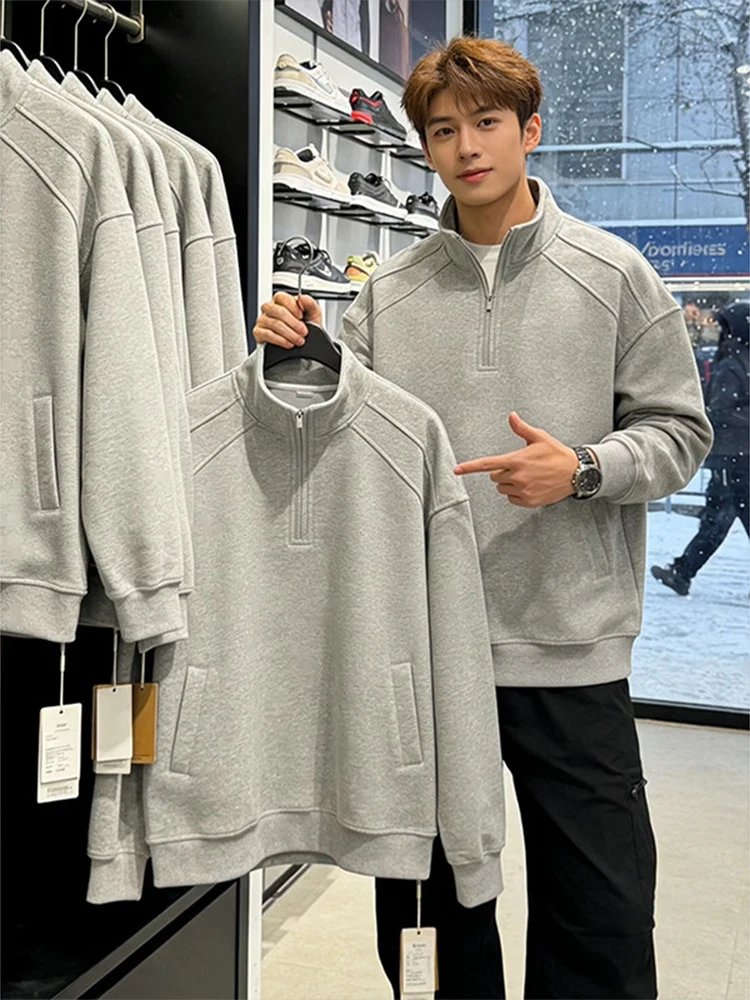 

Мужская толстовка American Style с воротником-стойкой на молнии, весна-осень, деконструированный пэчворк, плотный свитшот, базовая модель, светло-серая