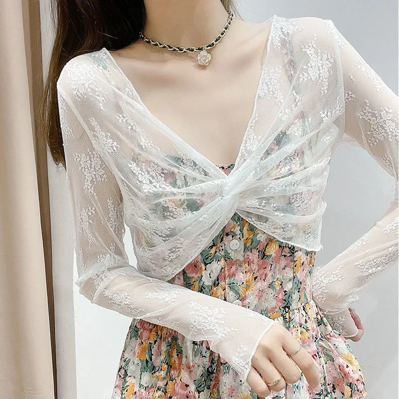 

New Shawl Blouse Women Summer Long-sleeved Western-style Short Sunscreen Top Mesh Lace Perspective Thin Shirt