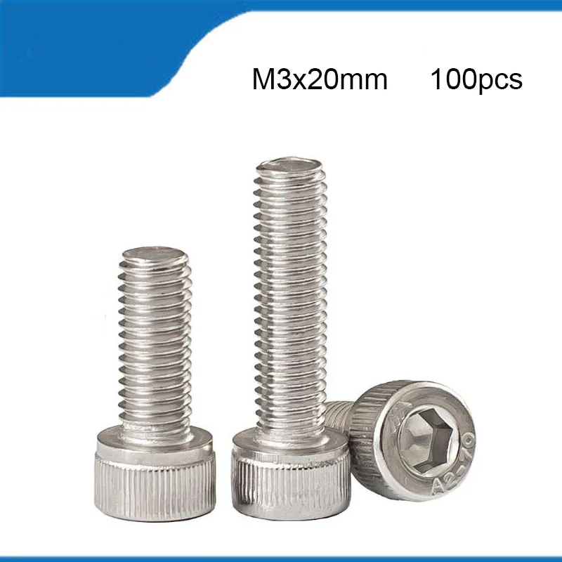 Free Shipping M3*20mm M3 Screws 100pcs 304 Stainless Steel Hexagon Socket Head Cap Screw DIN912 Bolt Satinless Rivet Bolts