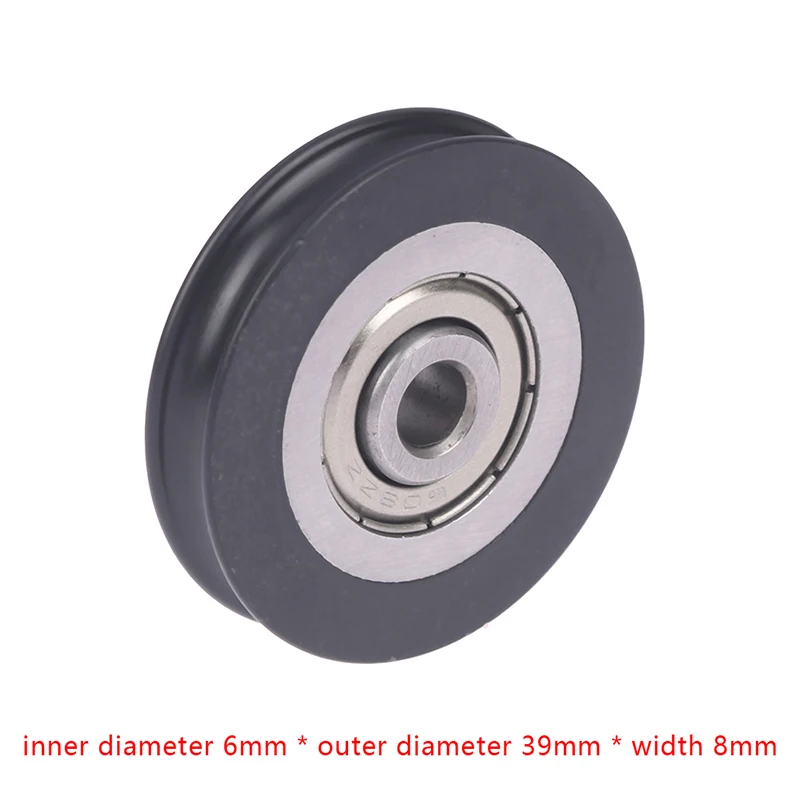 6*39*8mm Shift Door Pulley Concave Wheel U Groove Wire Rope Over Line Wheel, Rubber Wrapped Plastic Nylon Bearing Roller