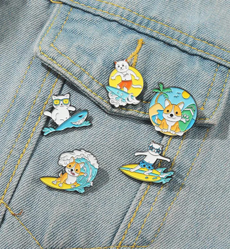 Dogs Pines Lapel Pins Shirt Bag Badge Cartoon Sea Jewelry Gift for Friends Animal Surfing Enamel  Brooch Custom Ocean Motion