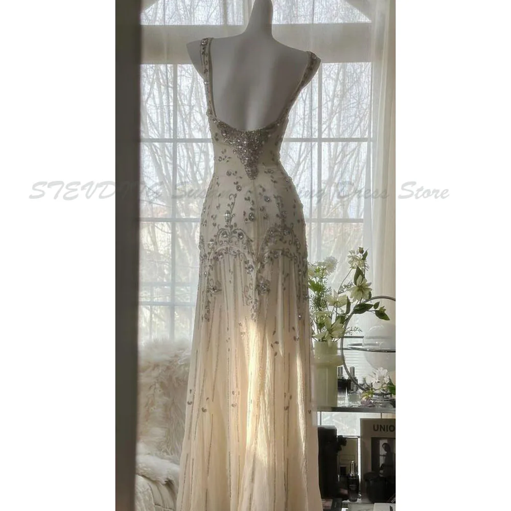 Classic Evening Dresses Women Spaghetti Strap A Line Sequins Sparkle Crystals Floor Length High Quality Banquet Female Gowns