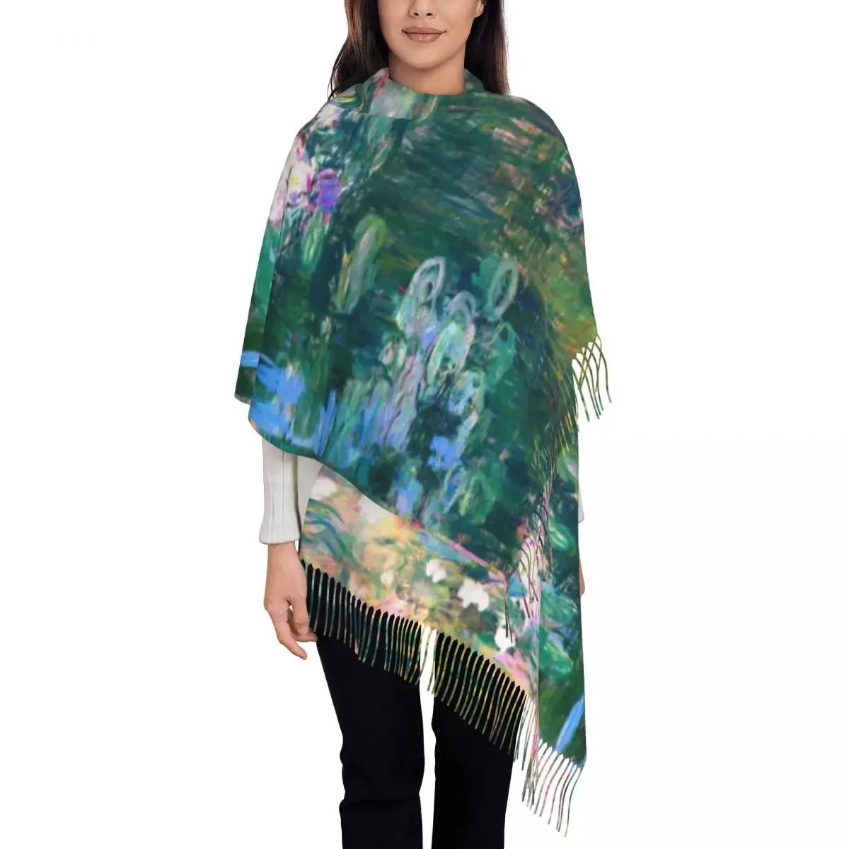 Men Women Scarf Keep Warm Oil Painting Scarves Wraps with Tassel Water Lilies  Flowers Shawls and Wrap Winter Bufanda Mujer