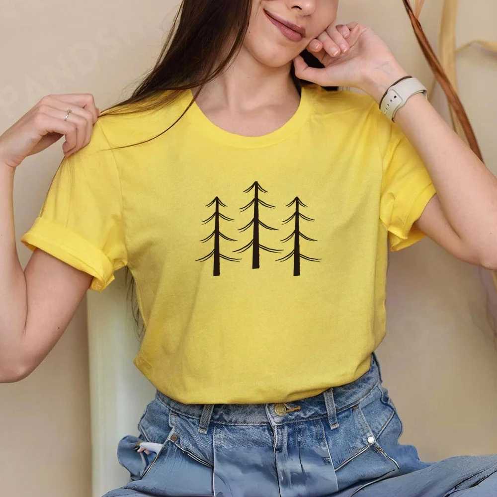 Y2K Cotton Casual Women‘s T-Shirt Short Sleeve Round Neck Fitted Top with Cute Forest Tree Print Colorful & Trendy Unique Design