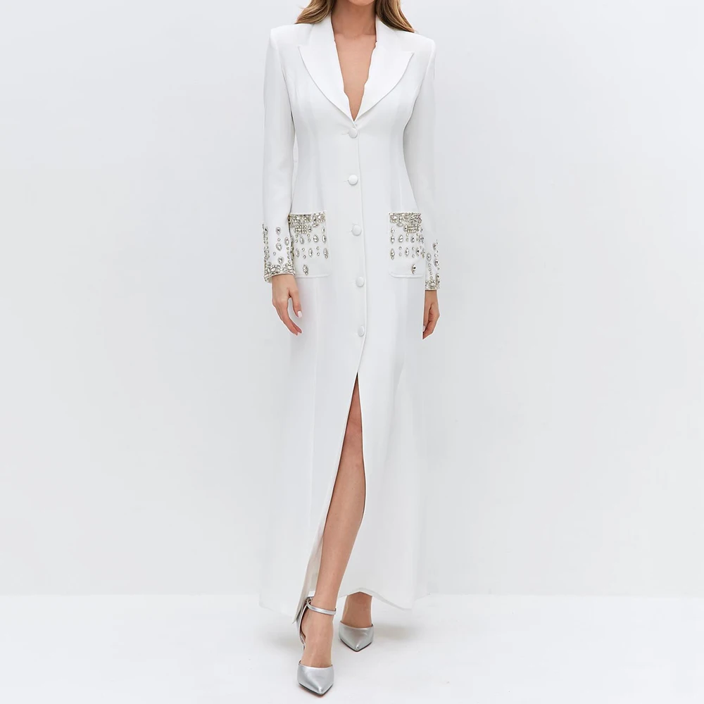 

Customized A-line Evening Dresses Ankle-length V-neck Full Sleeve Prom Gown Fashion Crystal Button Simple Draped Party Gown