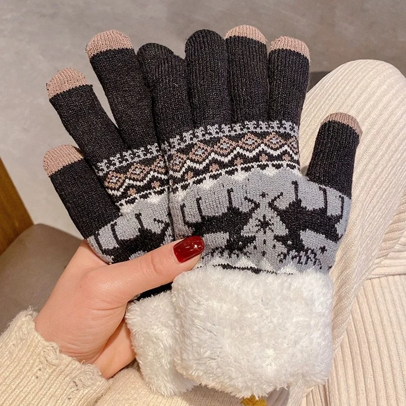 2025 Christmas Thick Reindeer Jacquard Knitted Full Finger Gloves for Women Touchscreen Washable Warm Gloves Soft Skin Friendly