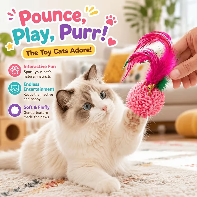 Silvervine Feather Pom‑Pom Ball Cat Toy No Noise Interactive Chasing Kicker Toys for Kittens Adult Cats Daily Entertainment