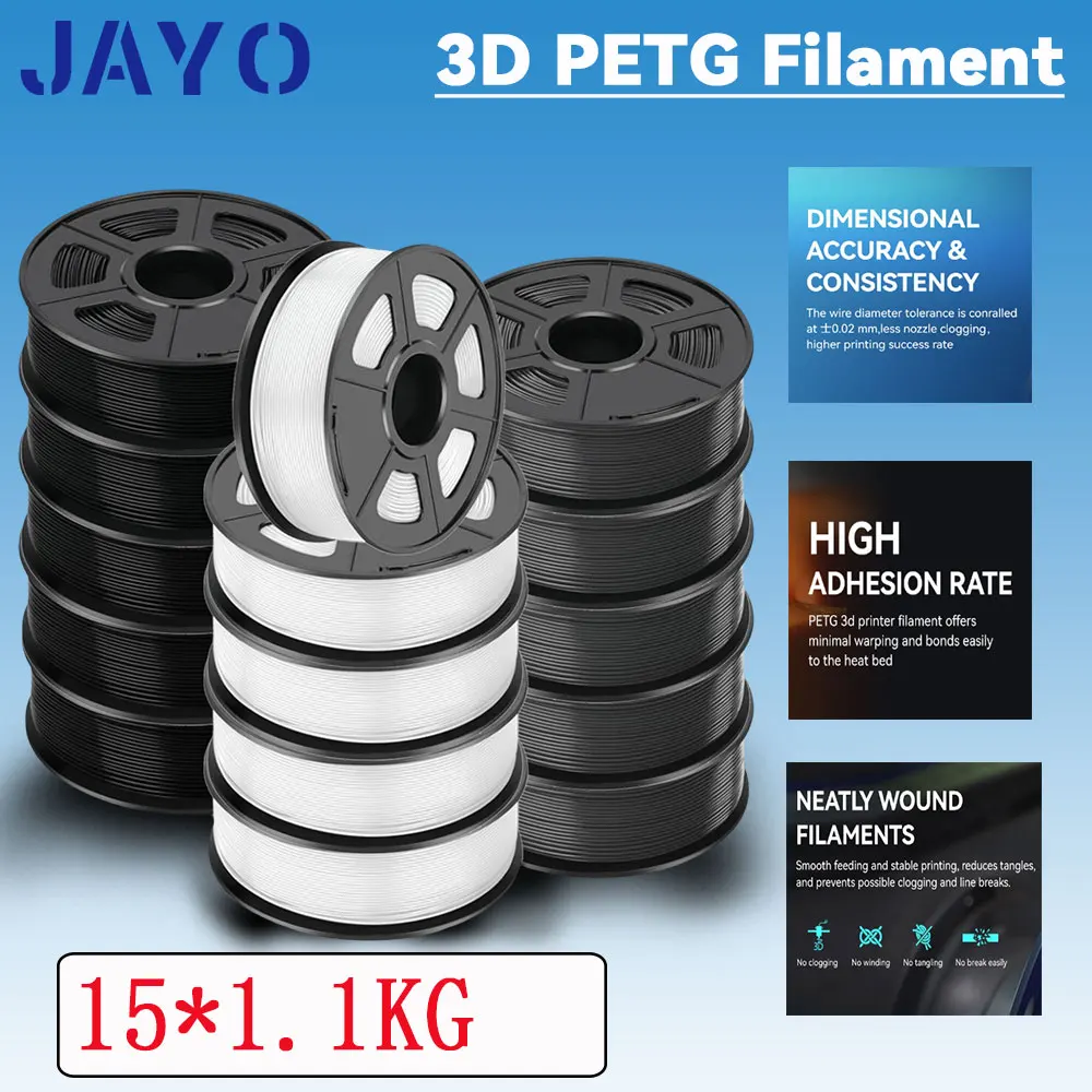 JAYO 3D PETG Printer Filament 1.75mm15*1.1KG PETG Printer Filament Neatly Wound 3D Printing Material PETG For Bambu FDM 3D Printer