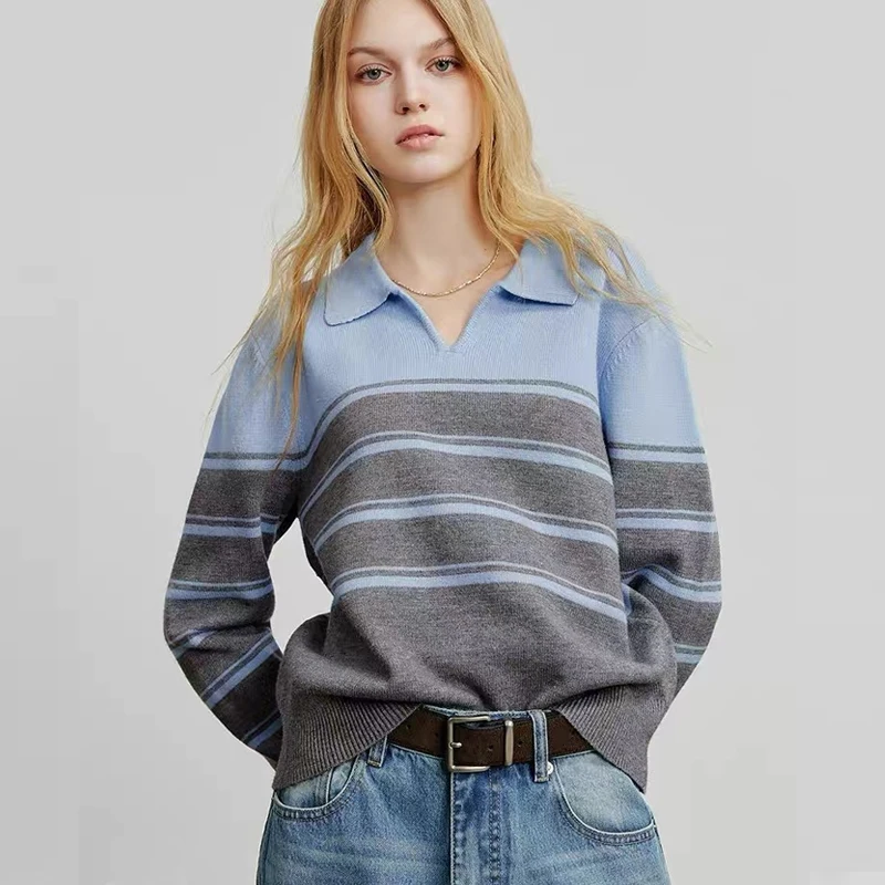 

Autumn Loose Casual Elegant Knitwear Fashion New Long Sleeve Striped Sweater Lapel Women Knitted Top Female Clothing
