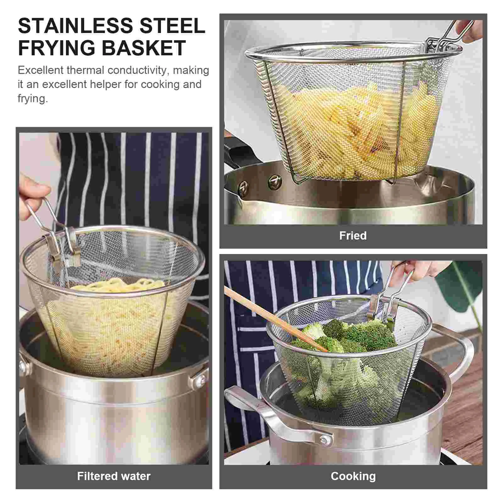 Stainless Steel Frying Basket Multi purpose Oil Strainer Strong Ergonomic Handle Quick Oil Drainage Cooking Tool