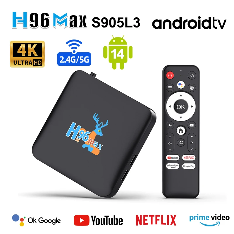 H96 MAX TV Box New Deer Amlogic S905L3 Android 14.0 4K HD مخرج 100M/Lan Dual WiFi BT4.0+ Google Voice Assistant Android Tvbox