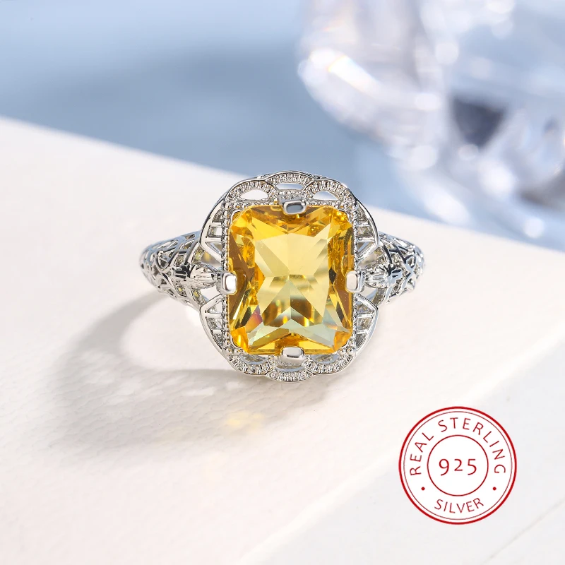 Ladies 925 Silver Plated High-grade Moissanite Citrine Hollow Wedding Engagement Ring High-end Jewelry Luxury Ladies Ring