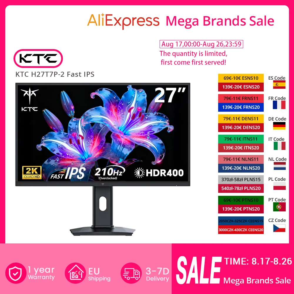 KTC H27T7P-2 Fast IPS Gaming-Monitor 27 Zoll 2560×1440 QHD 200 Hz Bis zu 210 Hz 1 ms MPRT-Reaktionszeit Advanced Adaptive Sync & HDR400