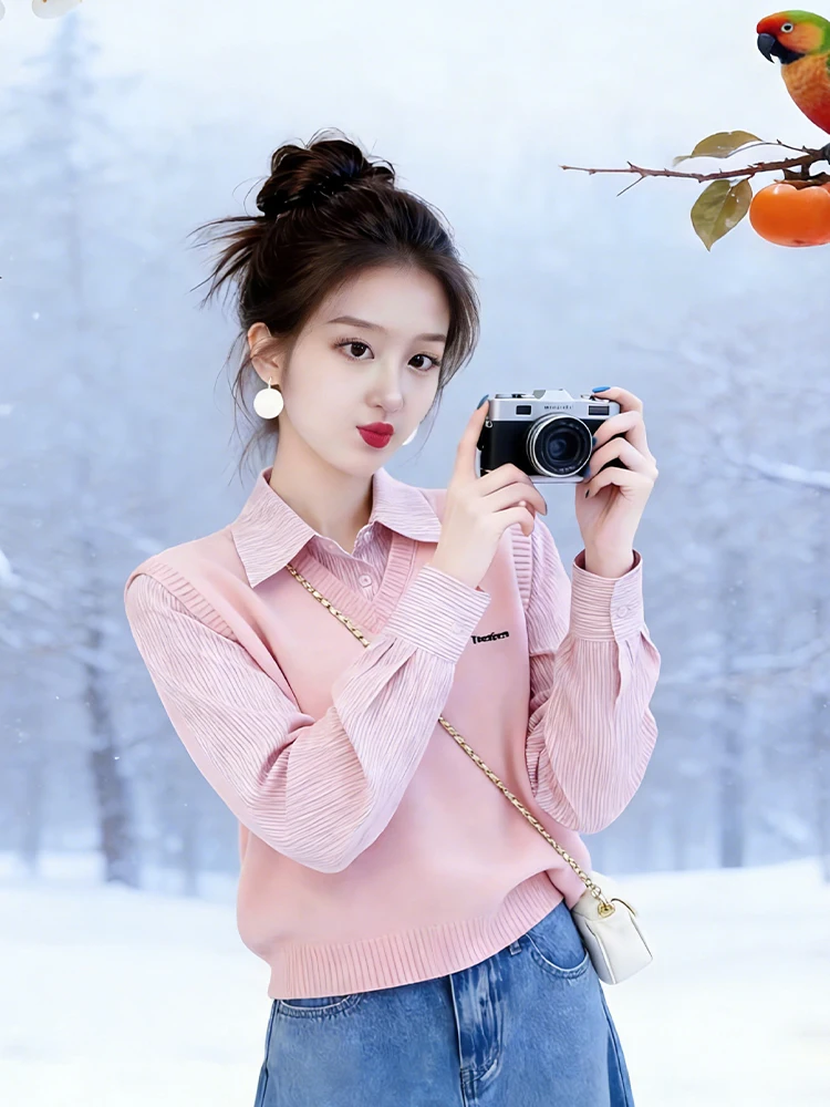 

Trendy Casual Color Blo Contrast Women's Knitted Top Spring 2026 Loose Fit Comfortable Long Sve Faionable Knitwear