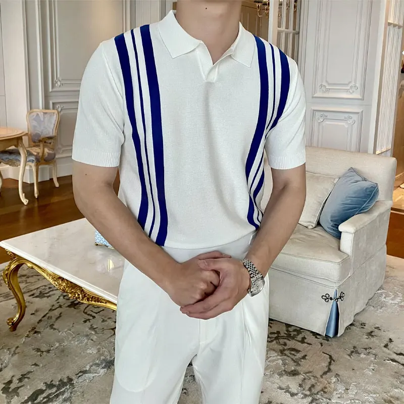 

Contrasting Colors Slim Polo Shirts Men's Clothing Striped Spliced Summer Polo-Neck Basic Short Sleeve Casual Knitted T-shirts