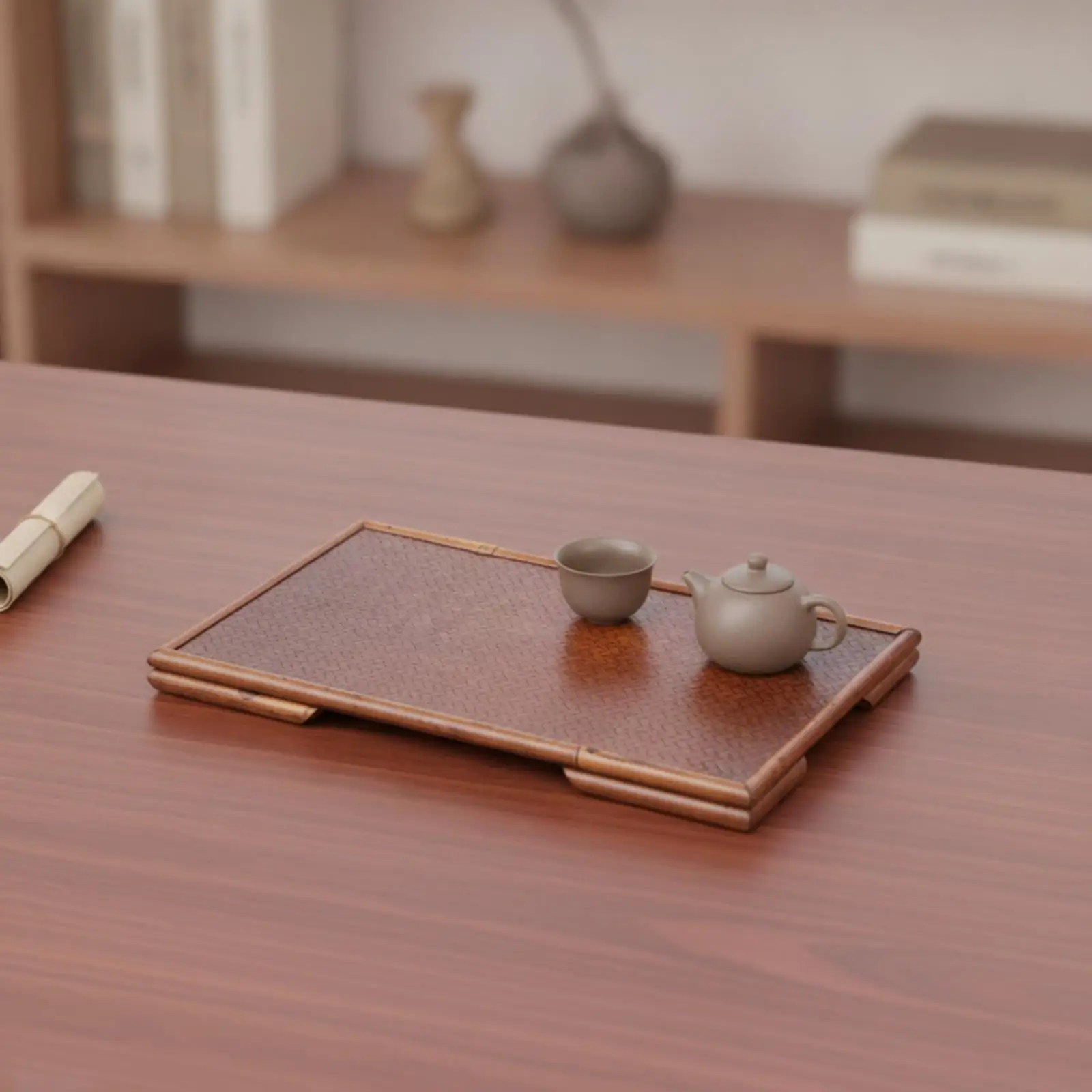 Rectangular Woven Bamboo Tray for Serving Teaware and Decorating Coffee Table with Vintage Wooden Style