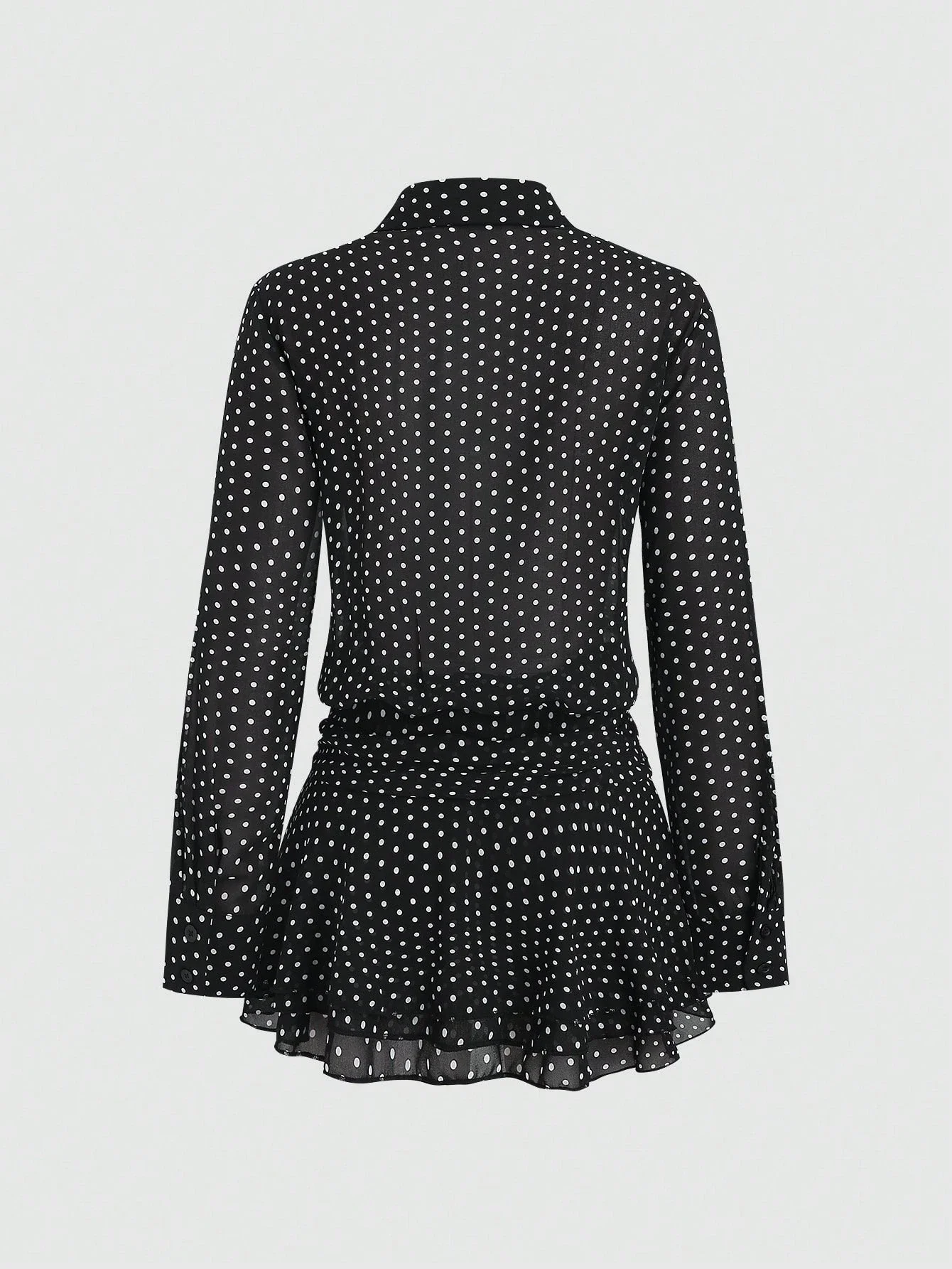 

Women's Polka Dot Ruched Layered Hem Button Down Long Sleeve Shirt Dress