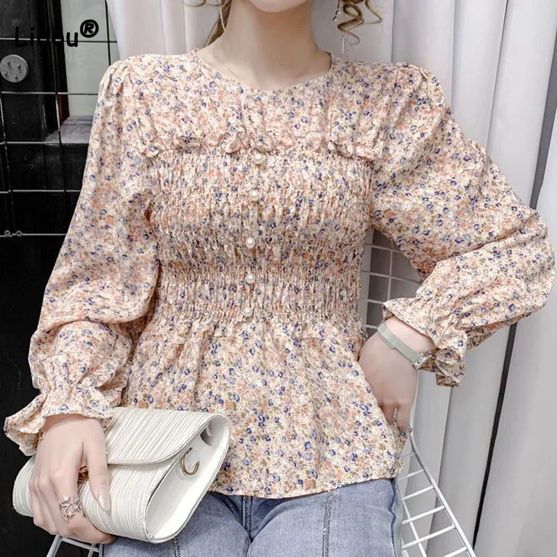 Fashion Korean Printed Flare Sleeve Slim Blouse for Female Summer Fashion Trend Round Neck Temperament Shirt Women\'s Clothing