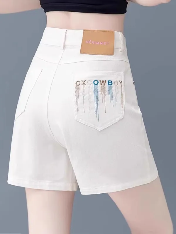 

Летние тонкие джинсы трапециевидной формы с высокой талией и вышивкой, женские свободные утягивающие джинсовые шорты, однотонные повседневные брюки...